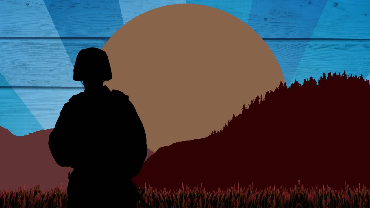 파란색 배경에 태양과 산 위에 군인의 실루 ⁇ 의 애니메이션