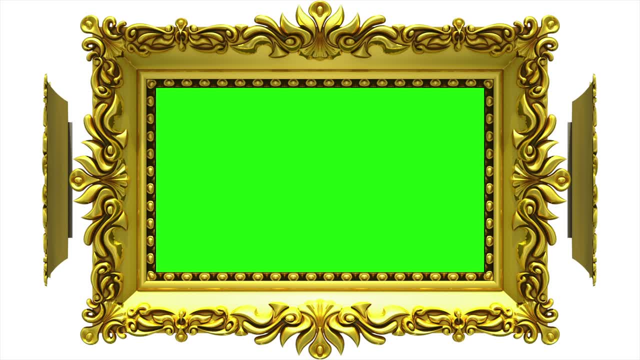 Ornate gold picture frames rotate in a circle on white background. Seamless loop, 3D animation with tv noise and green screen.