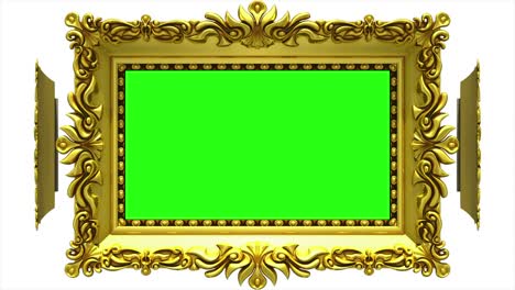 los marcos de oro ornamentados giran en un círculo sobre un fondo blanco. bucle sin costuras, animación 3d con ruido de televisión y pantalla verde.