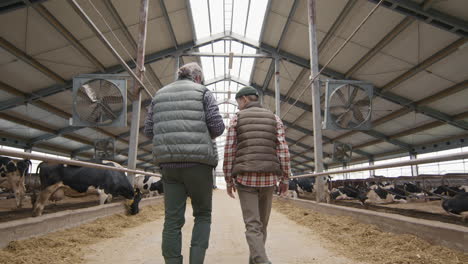 man and teenage boy walking through dairy farm