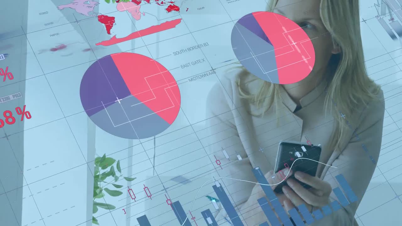 animación de estadísticas y procesamiento de datos sobre mujeres que usan teléfonos inteligentes