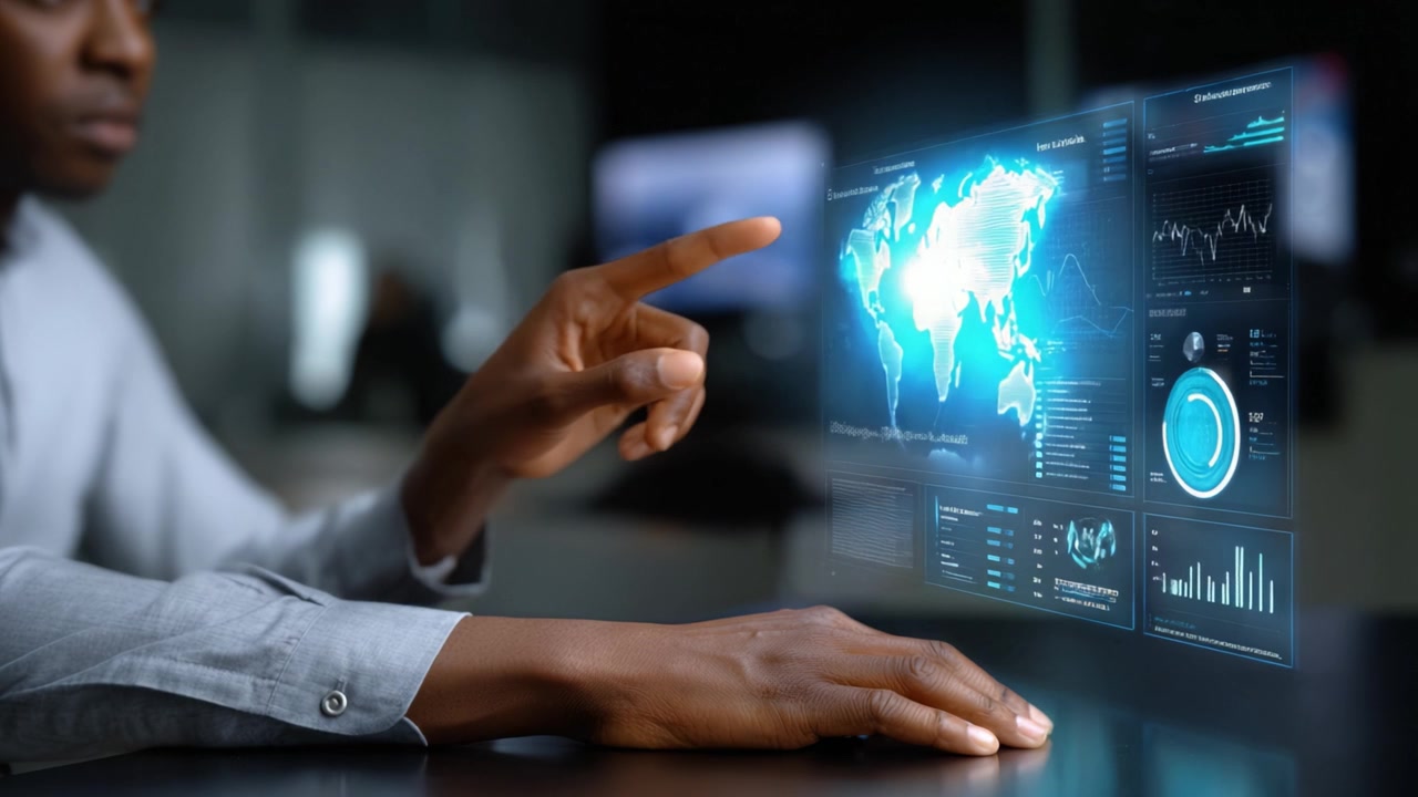 An Individual Interacting with a Futuristic Touchscreen Interface Displaying Dynamic Data Visualizations and Global Information Analytics in a Modern Tech Environment