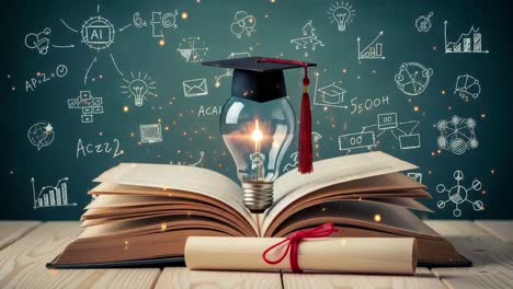 educational innovation concept with a glowing lightbulb and graduation cap on an open book