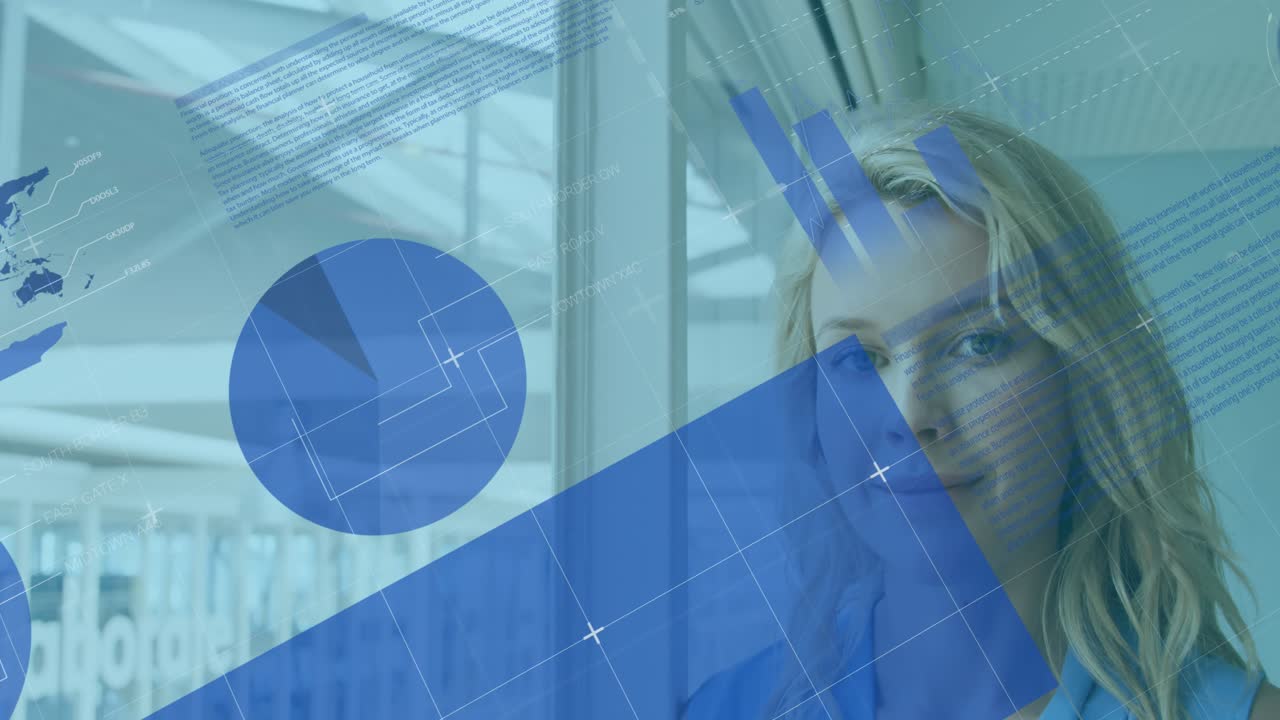 Animation of financial data processing over caucasian businesswoman in office