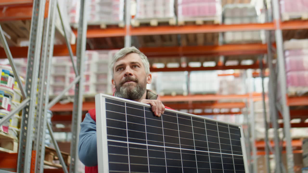Man holding a solar panel in a warehouse