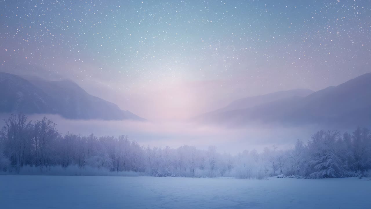 Pushing camera forward through snowy conifer branches, revealing misty frozen valley at dawn