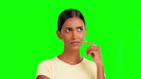 Indische-Frau,-Denkend-Und-Gesicht-Auf-Grünem-Bildschirm