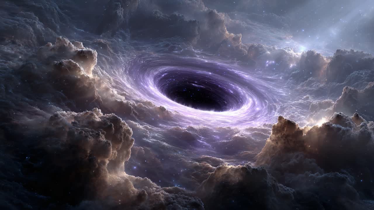 A Stunning Visualization of a Cosmic Vortex Surrounded by Ethereal Clouds, Capturing the Majestic Beauty and Mystique of the Universe's Dark Energy and Celestial Phenomena
