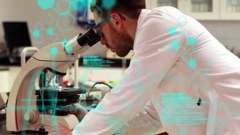 Animation-of-scientific-data-processing-over-male-scientist-using-microscope