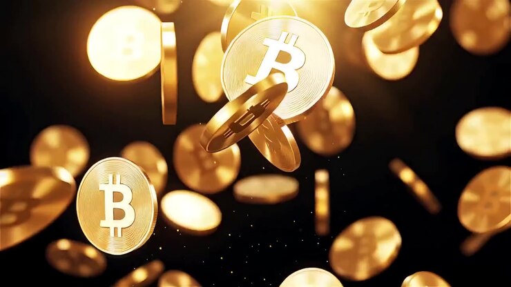 Bitcoin in rotazione su sfondo nero drammatico 4k
