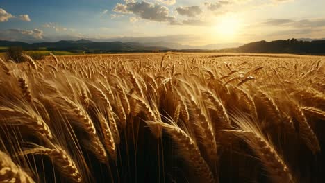 wheat field swaying gently under a golden sunset in a rural landscape