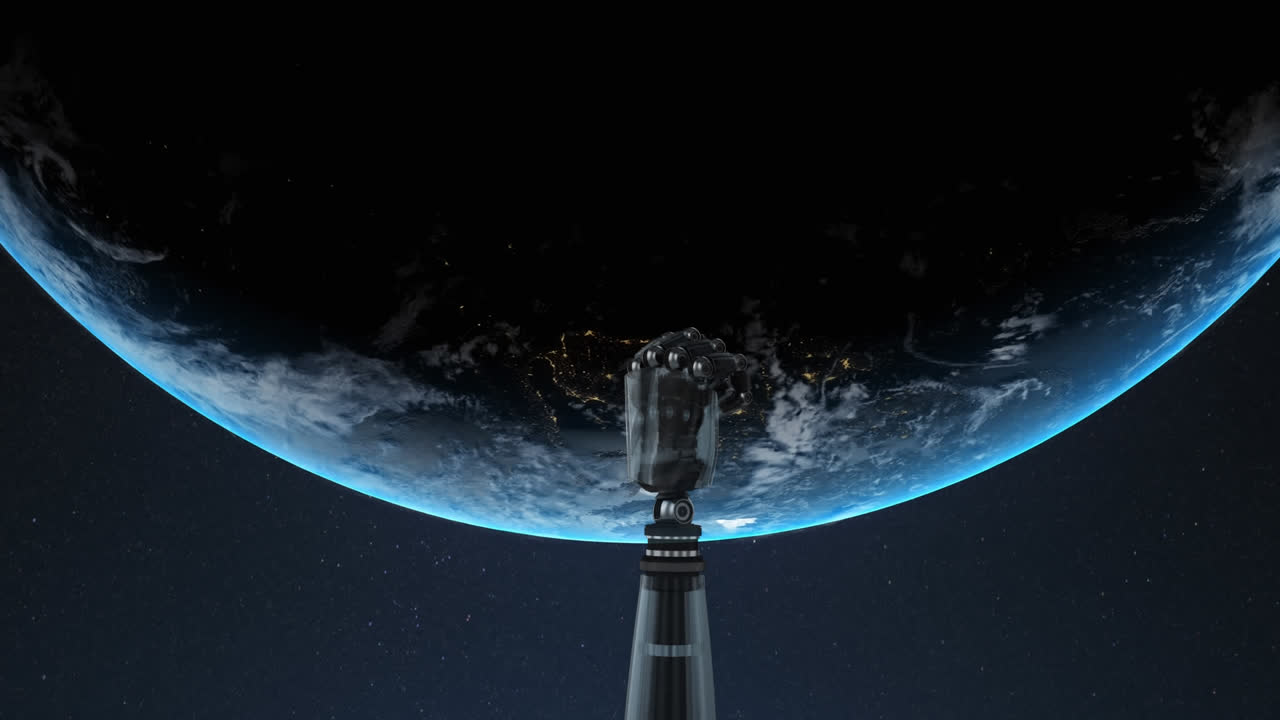 파란색 배경에 지구를 가로질러 회전하는 로의 손의 애니메이션