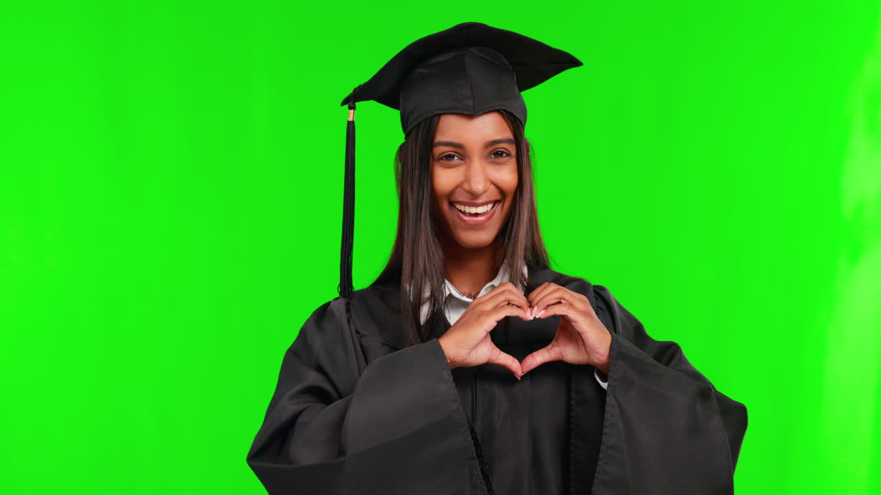 Donna felice, laureata e mani a cuore su schermo verde