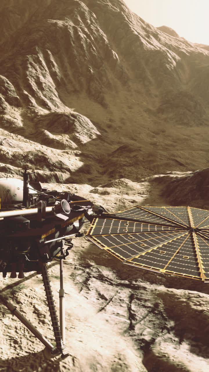 Exploring mars with a robotic rover in a rugged golden landscape at sunset