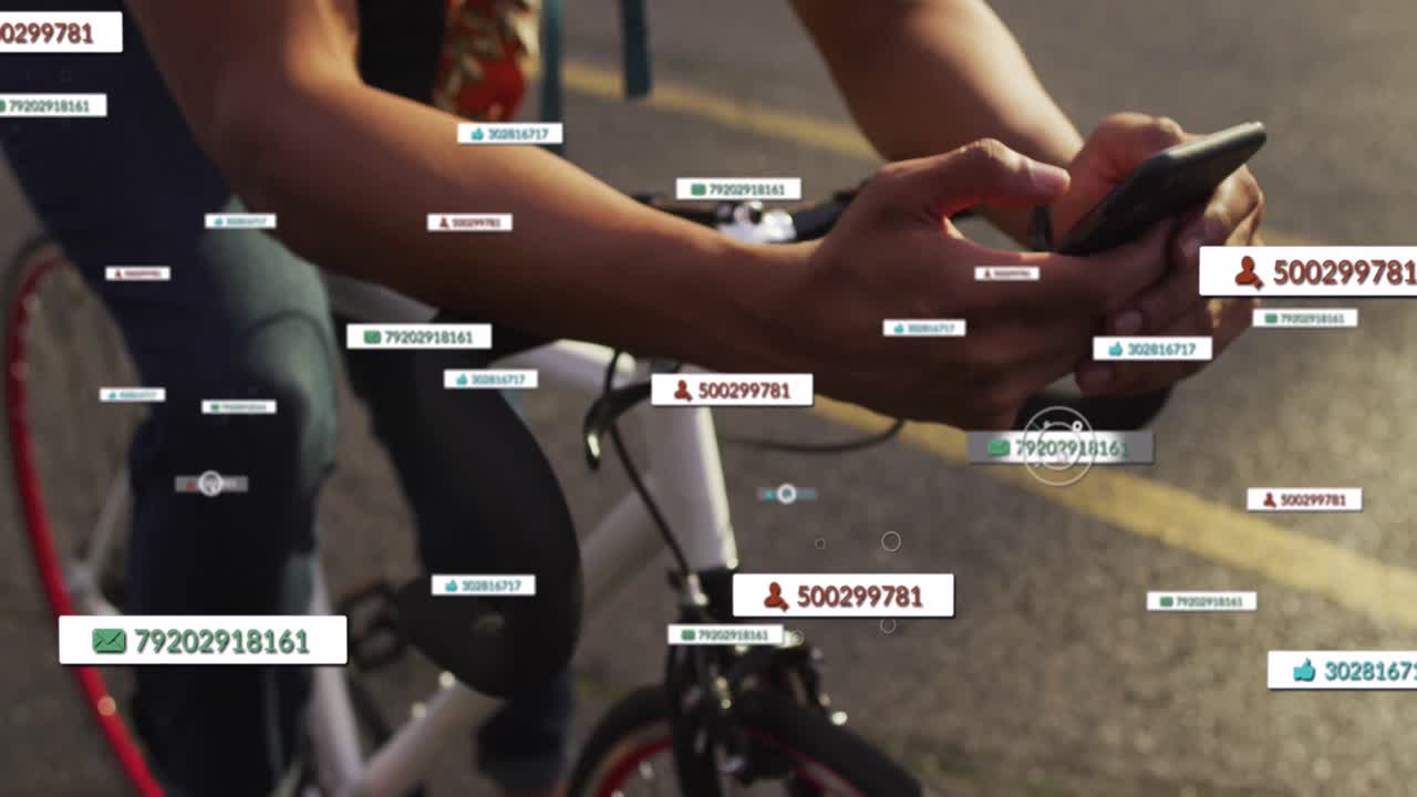 animación de iconos de los medios sobre un hombre afroamericano que usa un teléfono inteligente