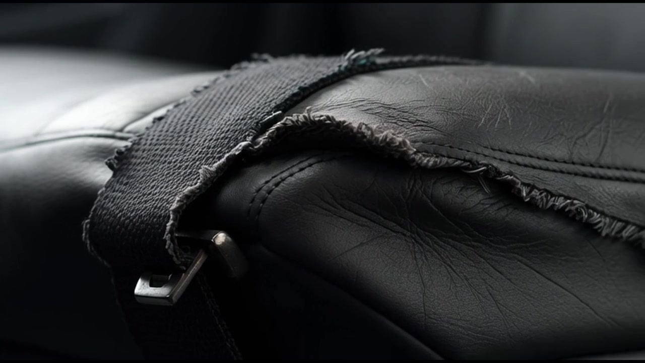 Nahaufnahme eines abgenutzten schwarzen Motorradsitzes aus Leder mit Stoffriemen