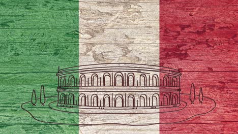 animation of the colosseum scratched into a wooden table painted with the italian flag.line art.travel to italy.rome