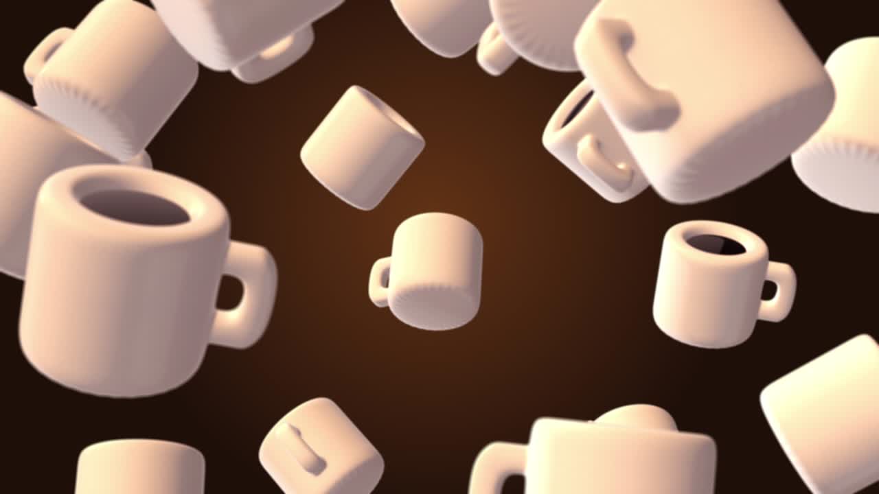 rotación y vuelo taza de café o té. movimiento abstracto fondo 3d.animación de bucle en estilo realista de dibujos animados. composición de arte minimalista moderno de colores para el proyecto de comida y bebida.