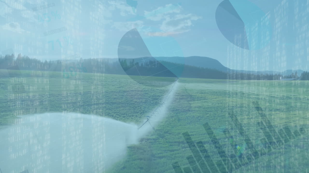 Drone spraying over green field with digital data overlay animation