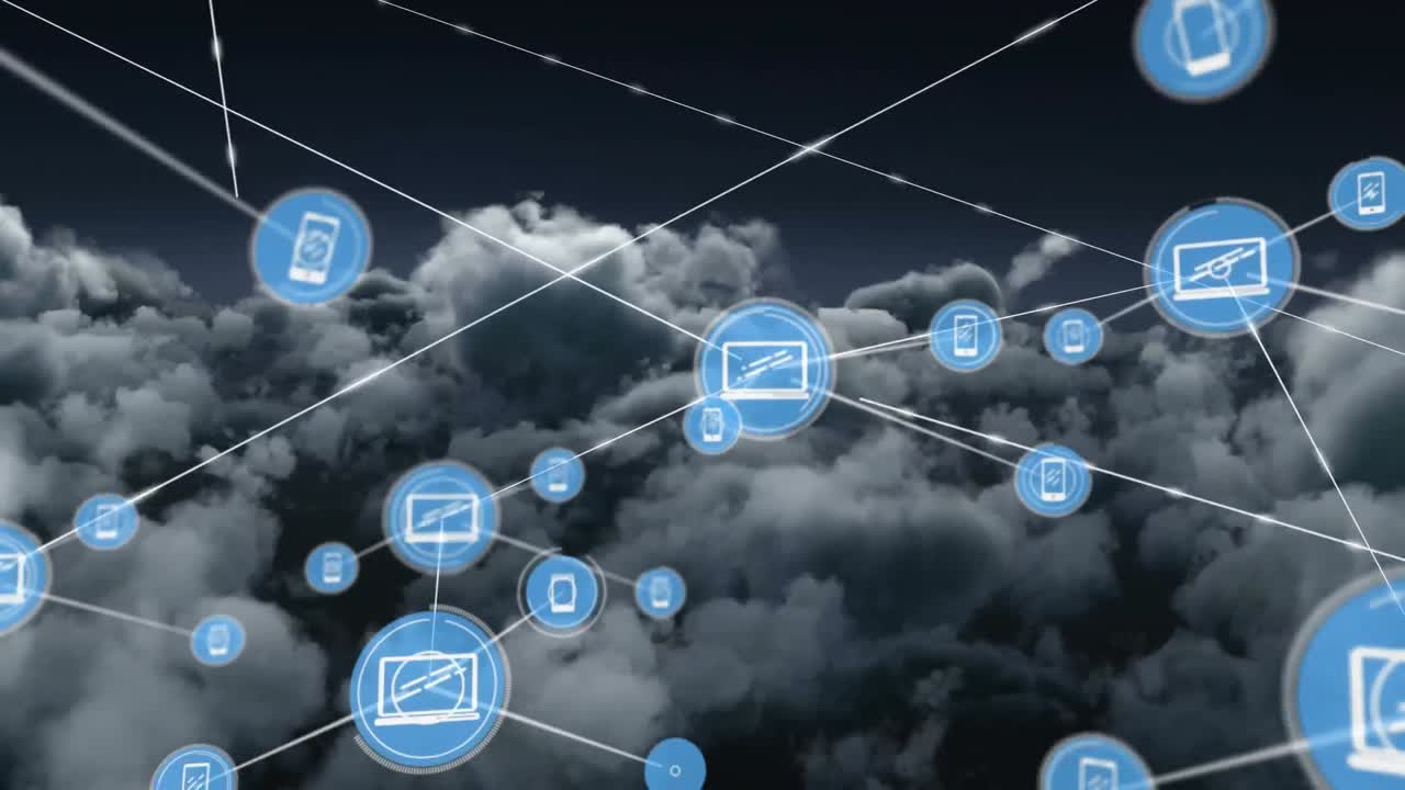 animación de la red de conexiones de iconos con computadoras portátiles y teléfonos inteligentes a través de nubes