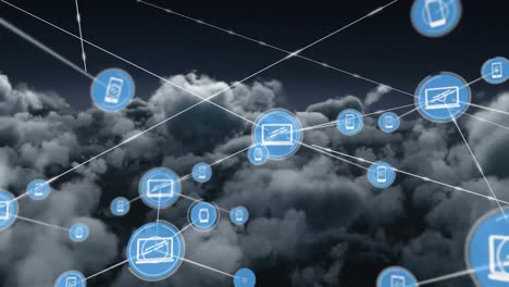 Animation-of-network-of-connections-of-icons-with-laptops-and-smartphones-over-clouds