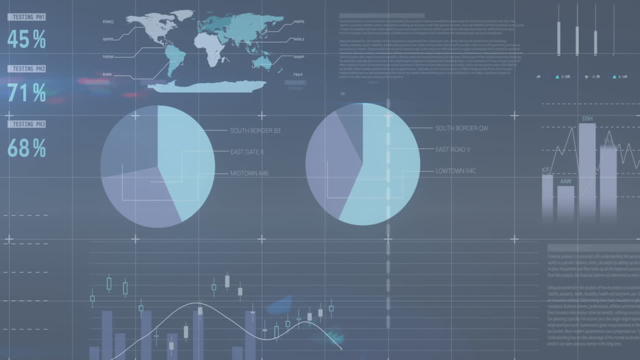 Animation of financial data processing over grid on grey background