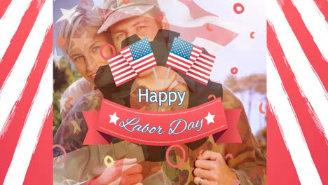 Animation-of-labor-day-text-over-soldier-with-wife