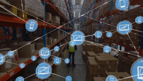 animation of network of connections with icons over caucasian male worker in warehouse