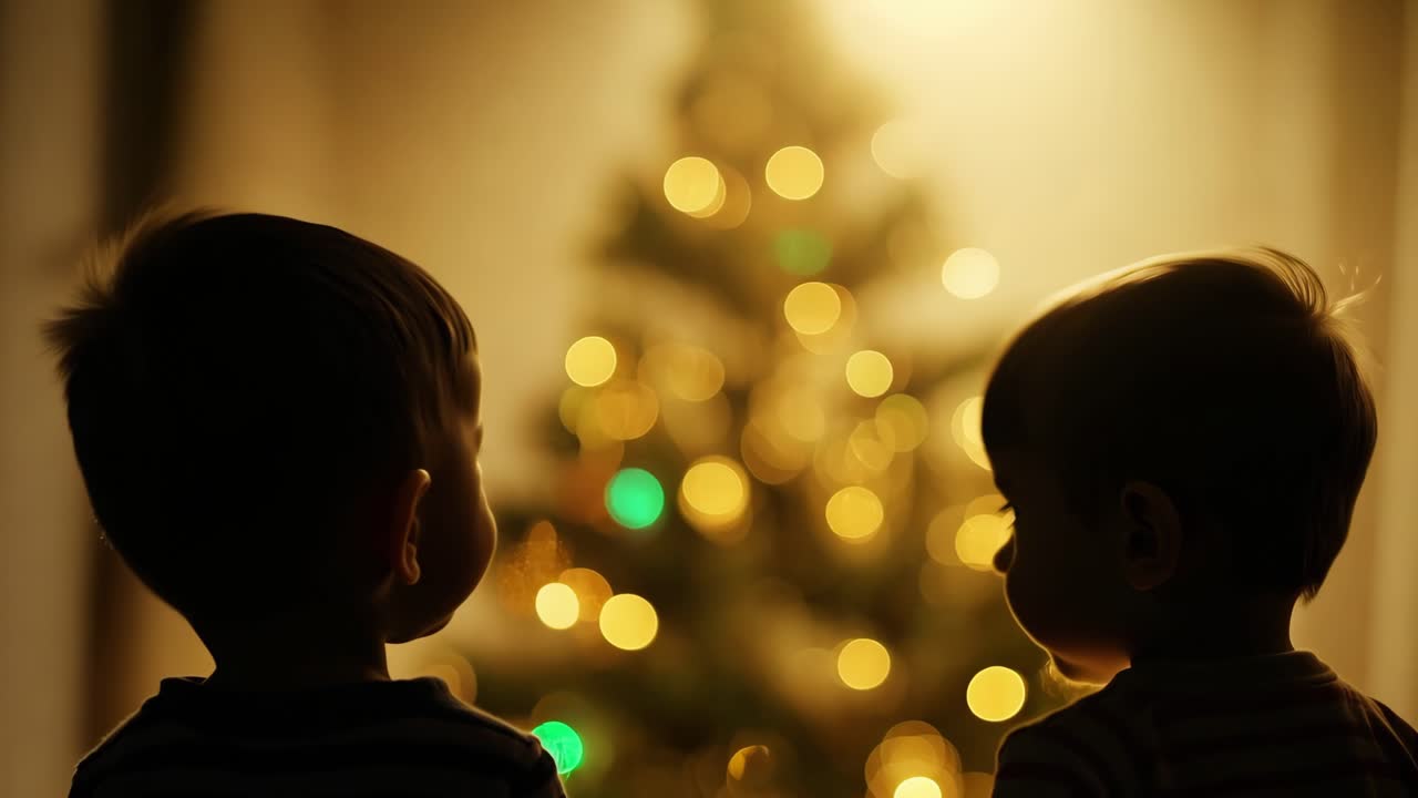 크리스마스 트리 앞 에 두 소년 의 실루