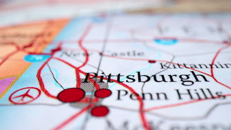 red dot marks on pittsburgh city map in pennsylvania with flight routes. - rack focus, zoom in shot