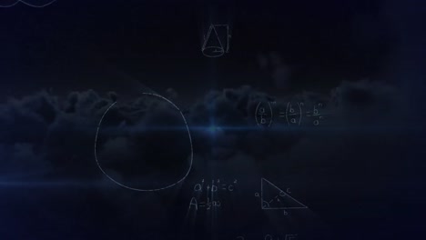 animation of mathematical equations and blue light spot against dark clouds