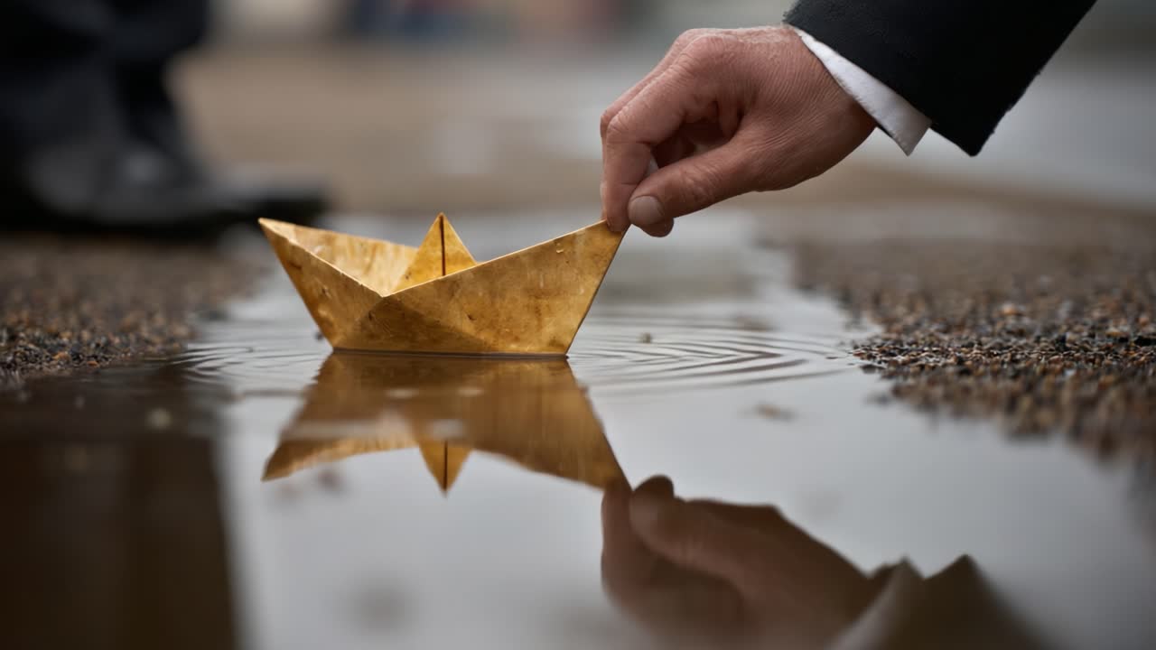 Una barchetta di carta dorata: un momento sereno catturato nei riflessi dell'acqua piovana, che evidenzia la tenerezza dell'immaginazione infantile e l'arte della creazione di oggetti di carta