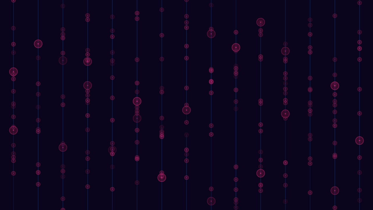 Animated abstract background with pink glowing circles and falling particles along vertical light lines on a dark blue backdrop, ideal for technology, data, and futuristic visuals