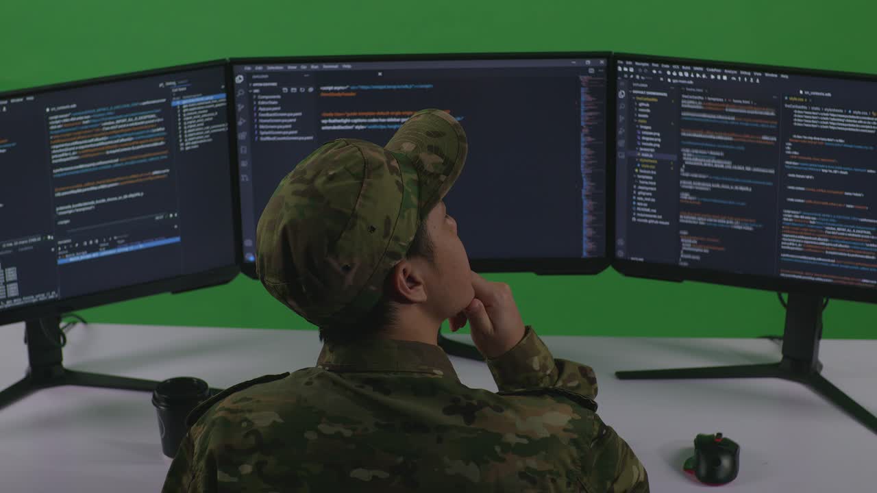Back View Of Asian Man Soldier Developer Thinking About Something Then Raising His Index Finger While Write Code With Multiple Computer Screens In Green Screen Studio