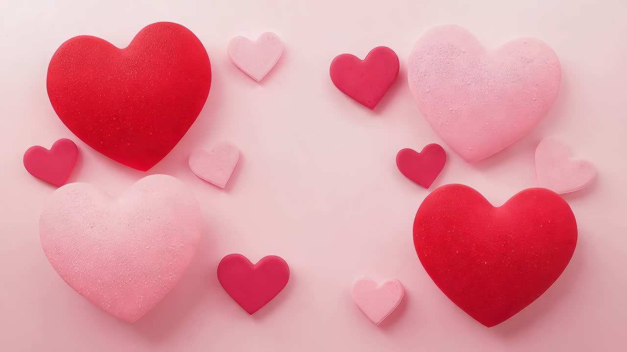 Zoom iniziale, cuori che scivolano verso l'interno su una superficie rosa, quattro cuori rossi e rosa chiaro che riempiono il centro