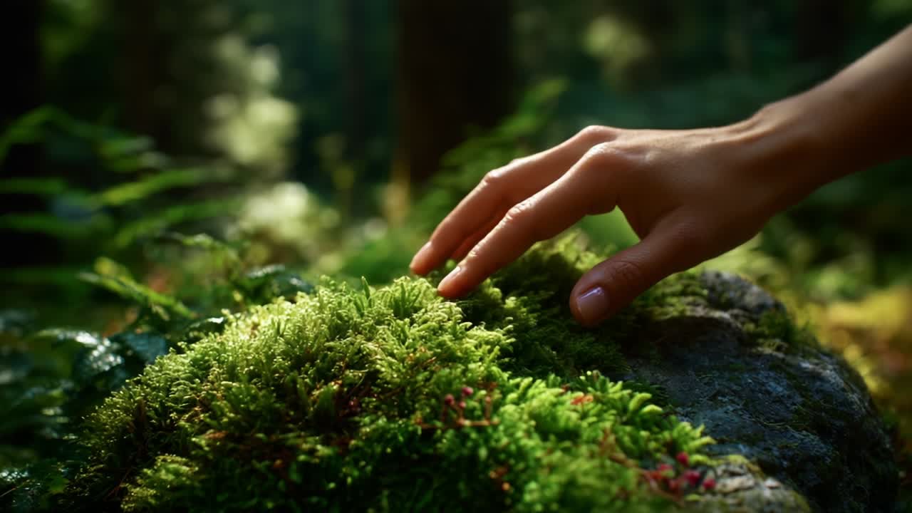 Exploring Nature's Textures: A Gentle Hand Caressing the Lush Green Moss in a Vibrant Forest Setting, Emphasizing the Beauty of Natural Elements and the Delicate Interaction with the Environment