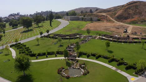 Close-up-panning-aerial-shot-of-the-private-estates-gravesites-at-a-California-mortuary