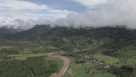 aerial pan over lush huancabamba river valley in remote tropical peru