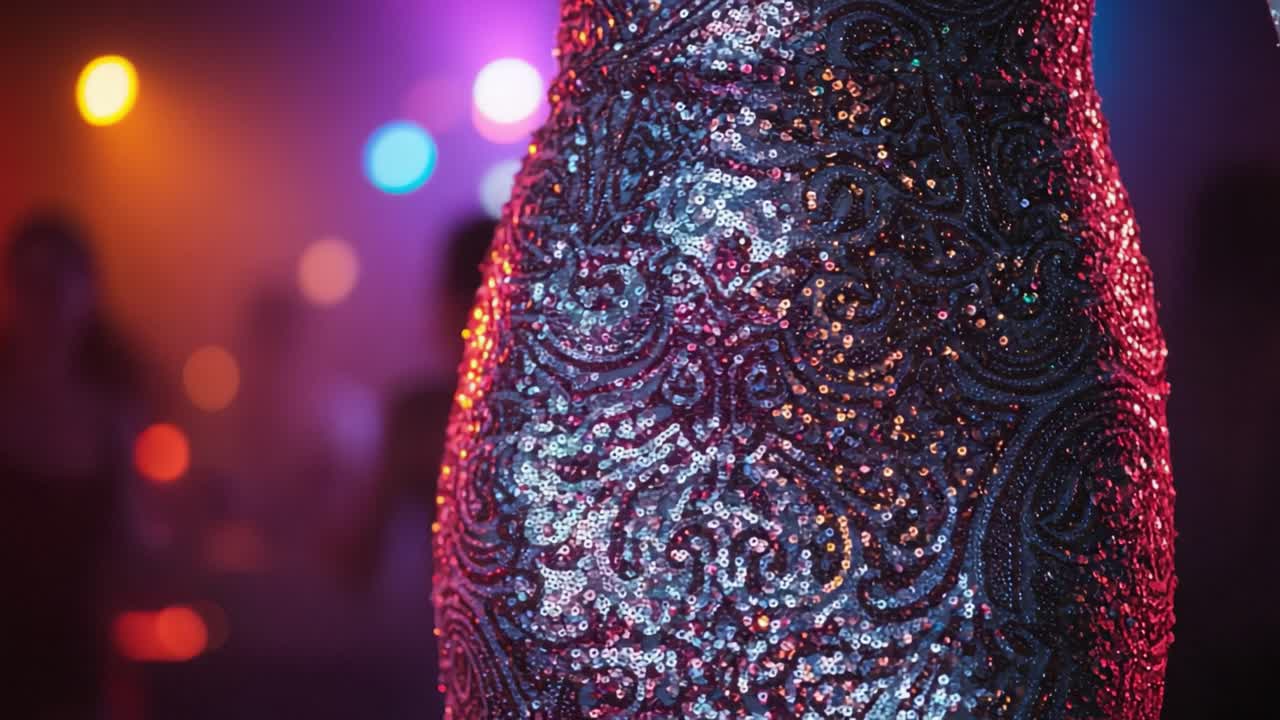 A Dazzling Display of Glamour: Captivating Close-Up of a Shimmering Dress Adorned with Sparkling Sequins at an Electric Party Scene