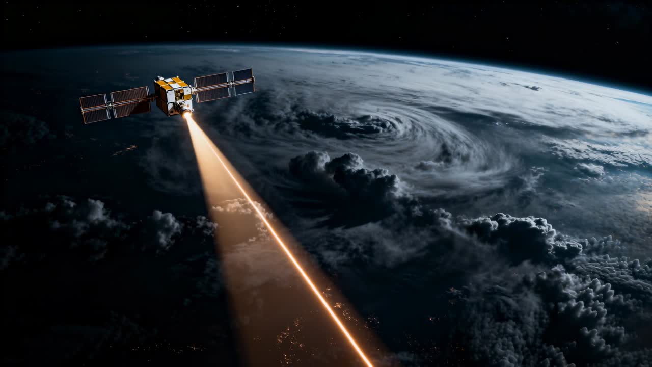 Orienting cube satellite with solar arrays projecting orange beam above cyclone, lighting clouds