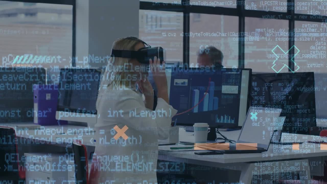 Animation of financial data processing over caucasian businesswoman using vr headset