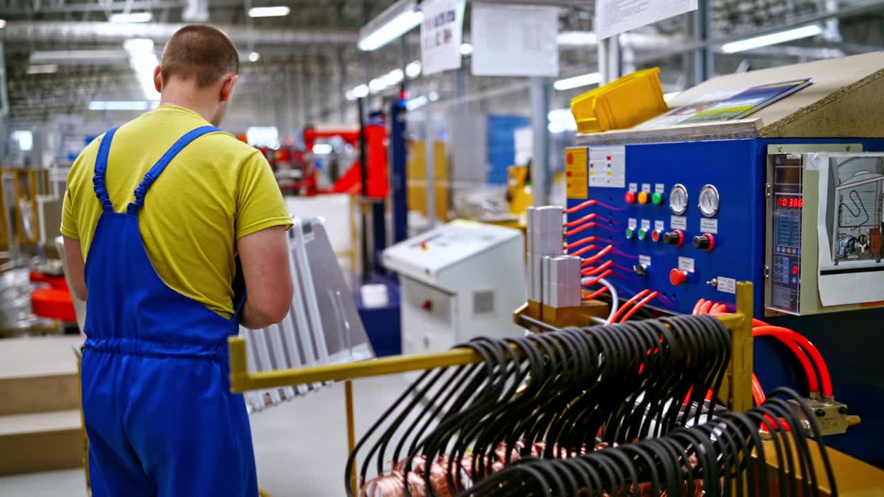 Interior of Industrial working place at factory. Worker in blue uniform at work. Industrial concept. Department inside a factory.