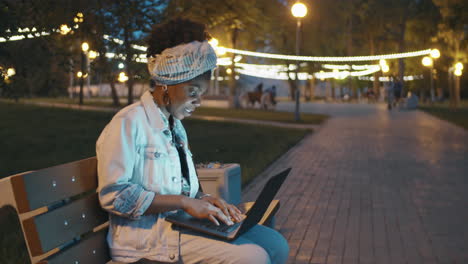 african american  woman using laptop in park in evening