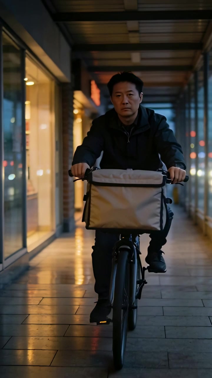 Vertical video: Riding man in dark jacket pants approaching, pedaling through arcade with cargo bag