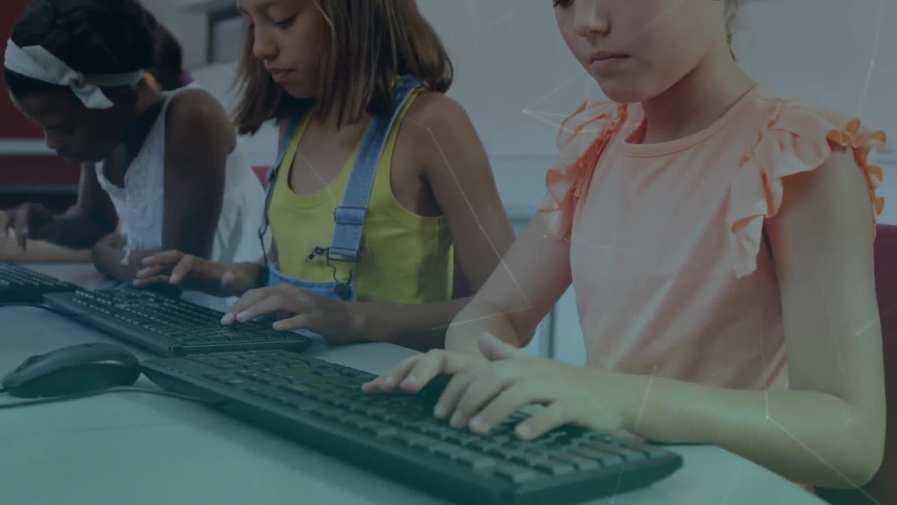Network of connections over three diverse girls using computer at school