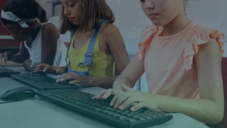 network of connections over three diverse girls using computer at school