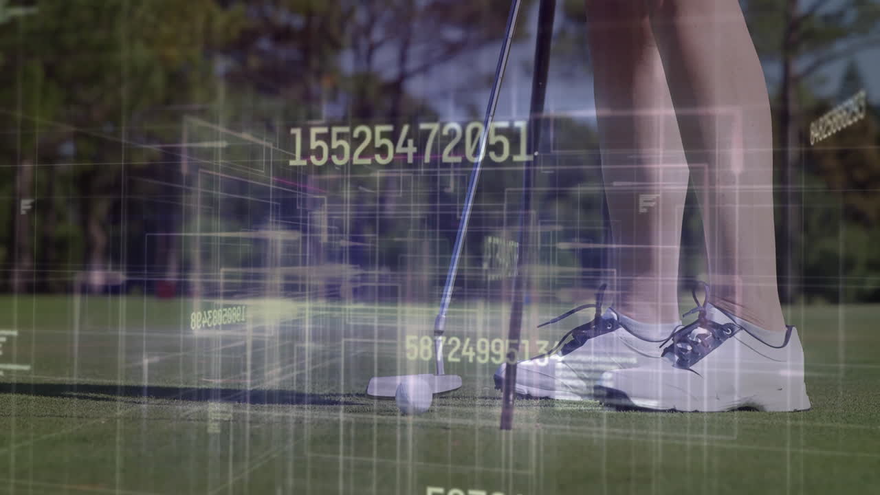 Golf putting with putter and ball being visualized on green, showing augmented reality grid lines