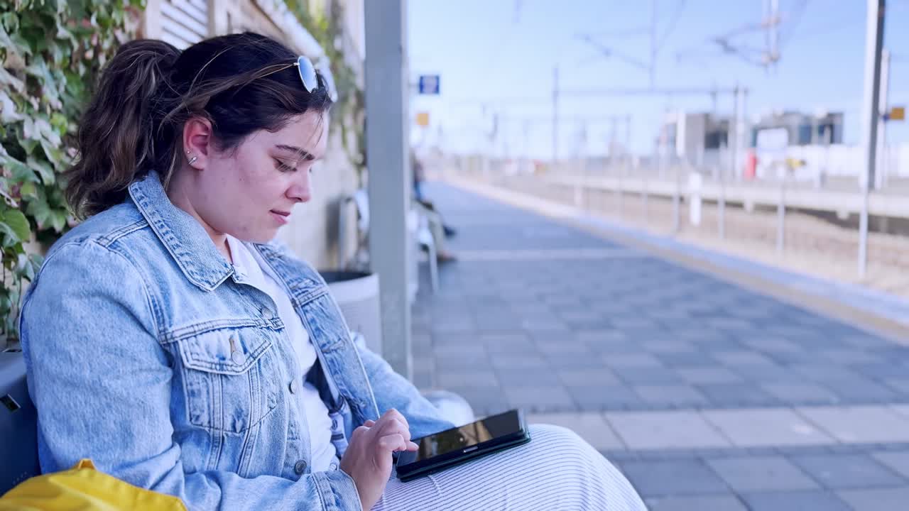 A Young Traveler Using a Smartphone with a Digital Pen at a train station platform
