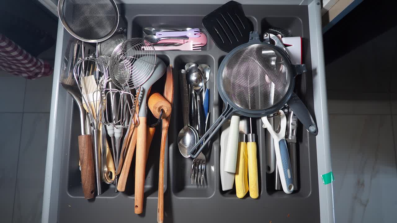 Draufsicht auf eine organisierte Küchenutensilien-Schublade