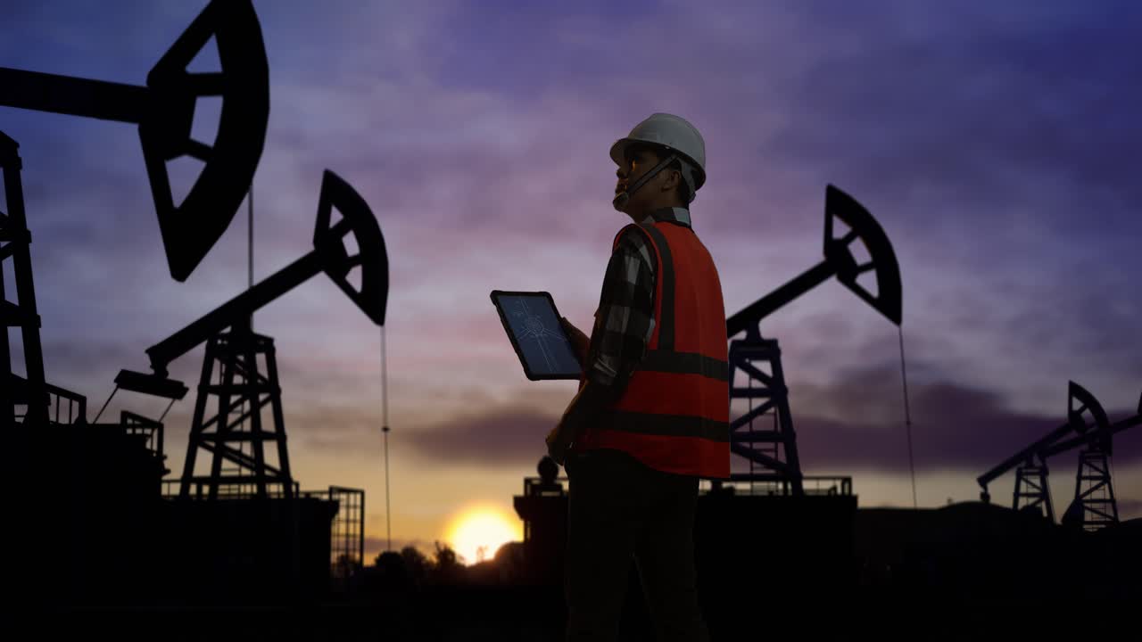 vista trasera de un ingeniero masculino asiático con casco de seguridad mirando el plano de la turbina eólica en una tableta mientras está de pie frente a las bombas de petróleo, durante la puesta o salida del sol